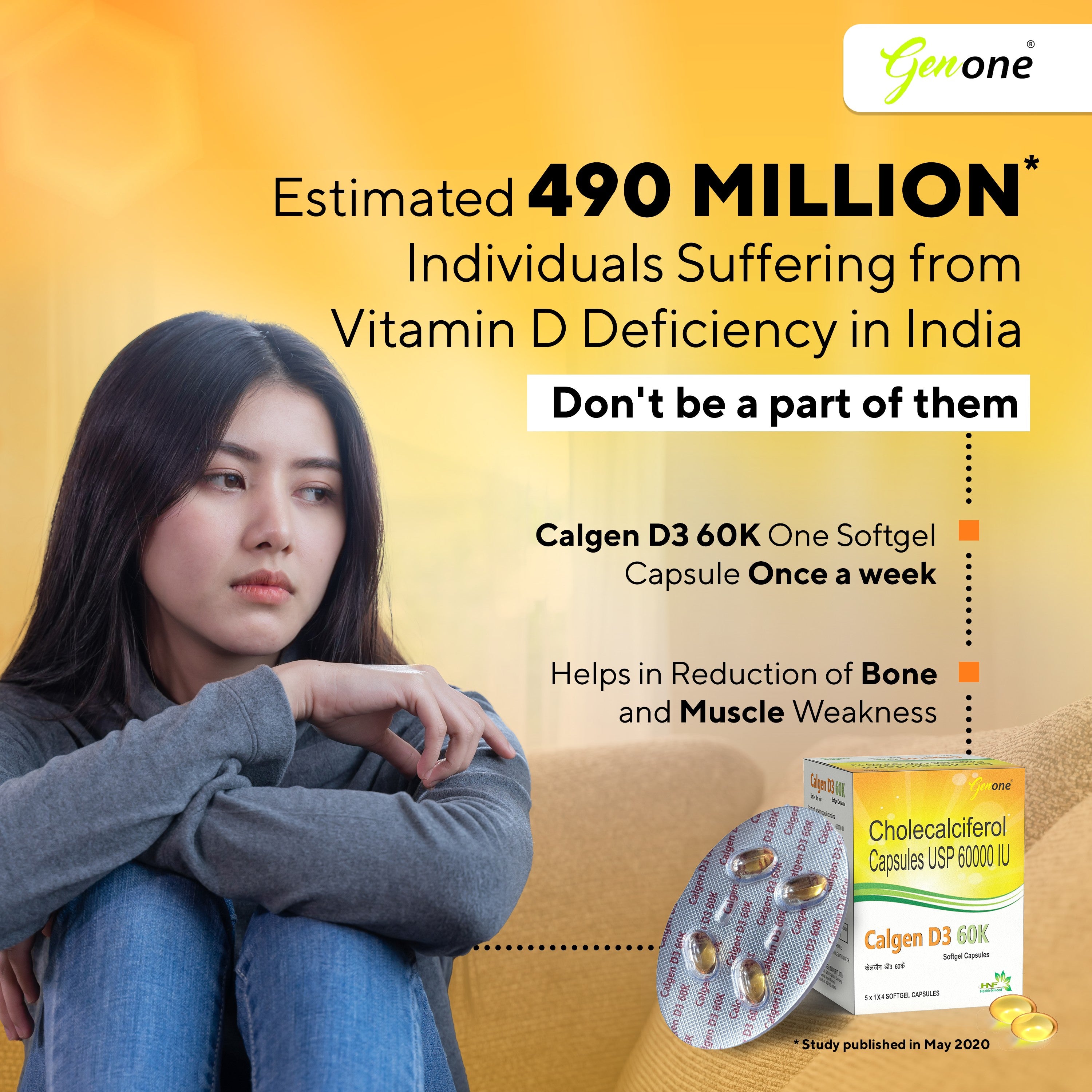 GenOne Calgen D3 Vitamin D3 Capsule for boosting immunity, Healthy bones and Strong muscles (20 Caps)