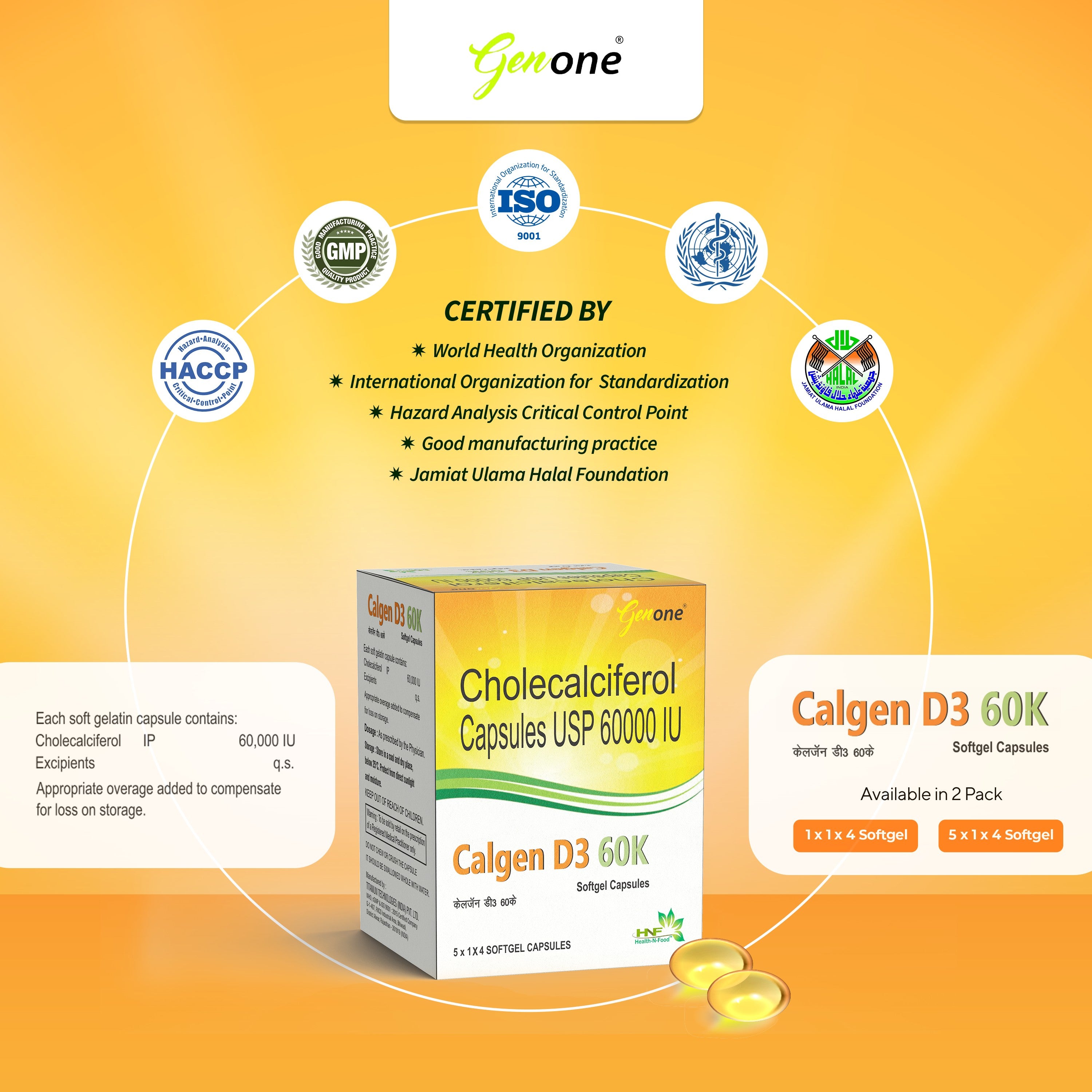 GenOne Calgen D3 Vitamin D3 Capsule for boosting immunity, Healthy bones and Strong muscles (20 Caps)