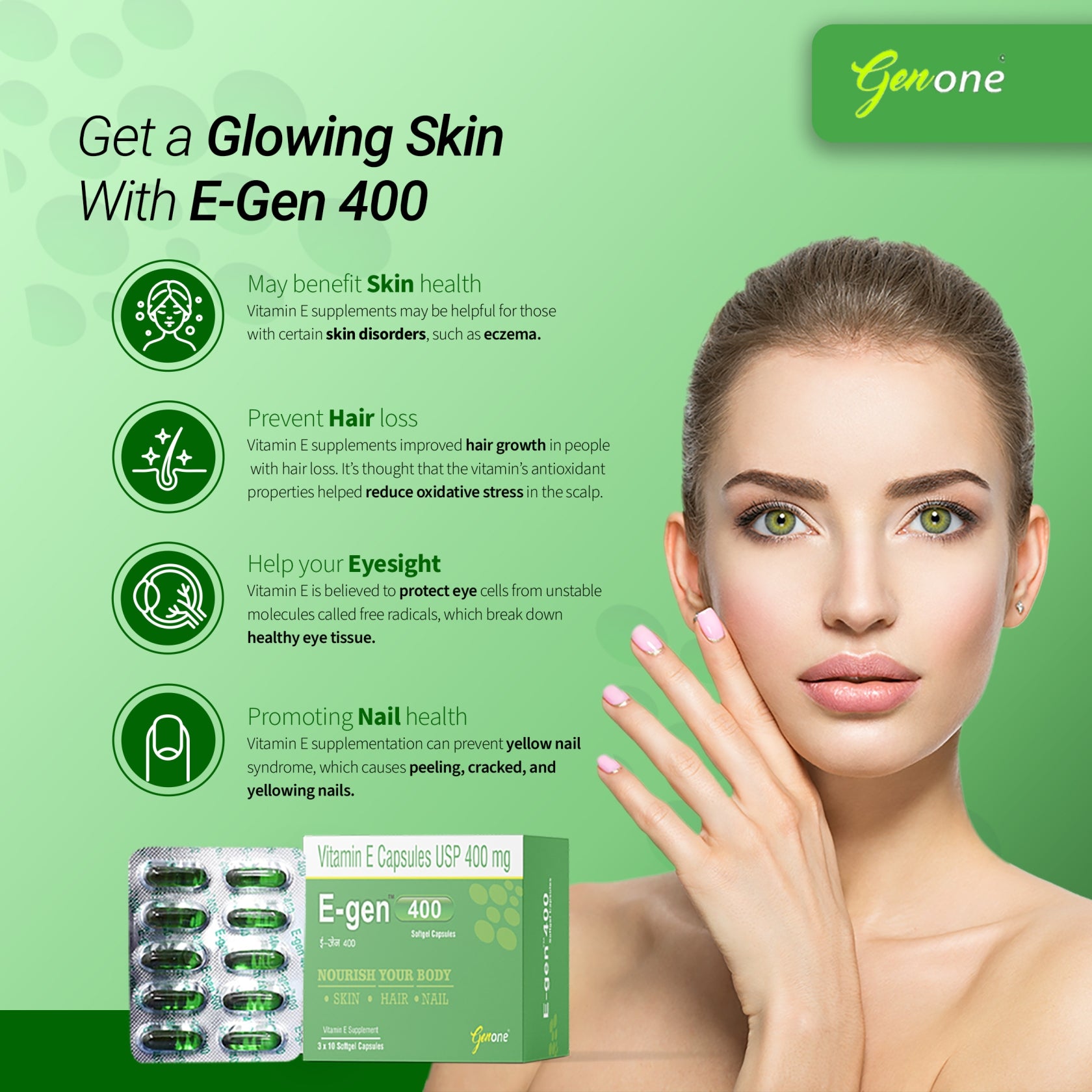 Genone E-gen 400 Vitamin E Oil Capsules for Glowing Skin and Nourished ...