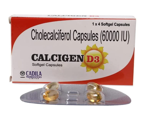 CADILA Calcigen D3 (Vitamin D3 - Cholecalciferol) 60000 IU - Pack of 5 * 4 Capsules, Once A Week (4)