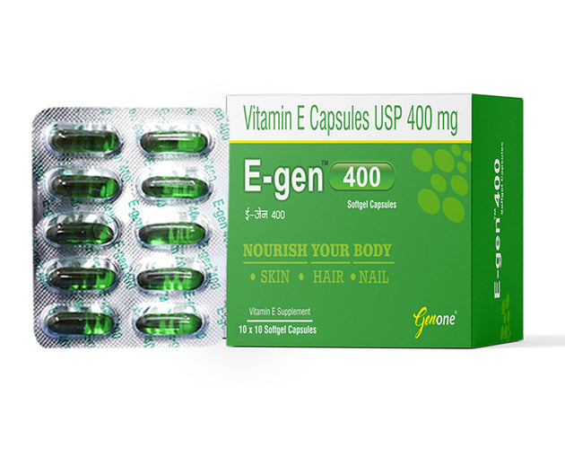 Genone E-gen 400 Vitamin E Oil Capsules for Glowing Skin and Nourished Hairs (100 Capsules)