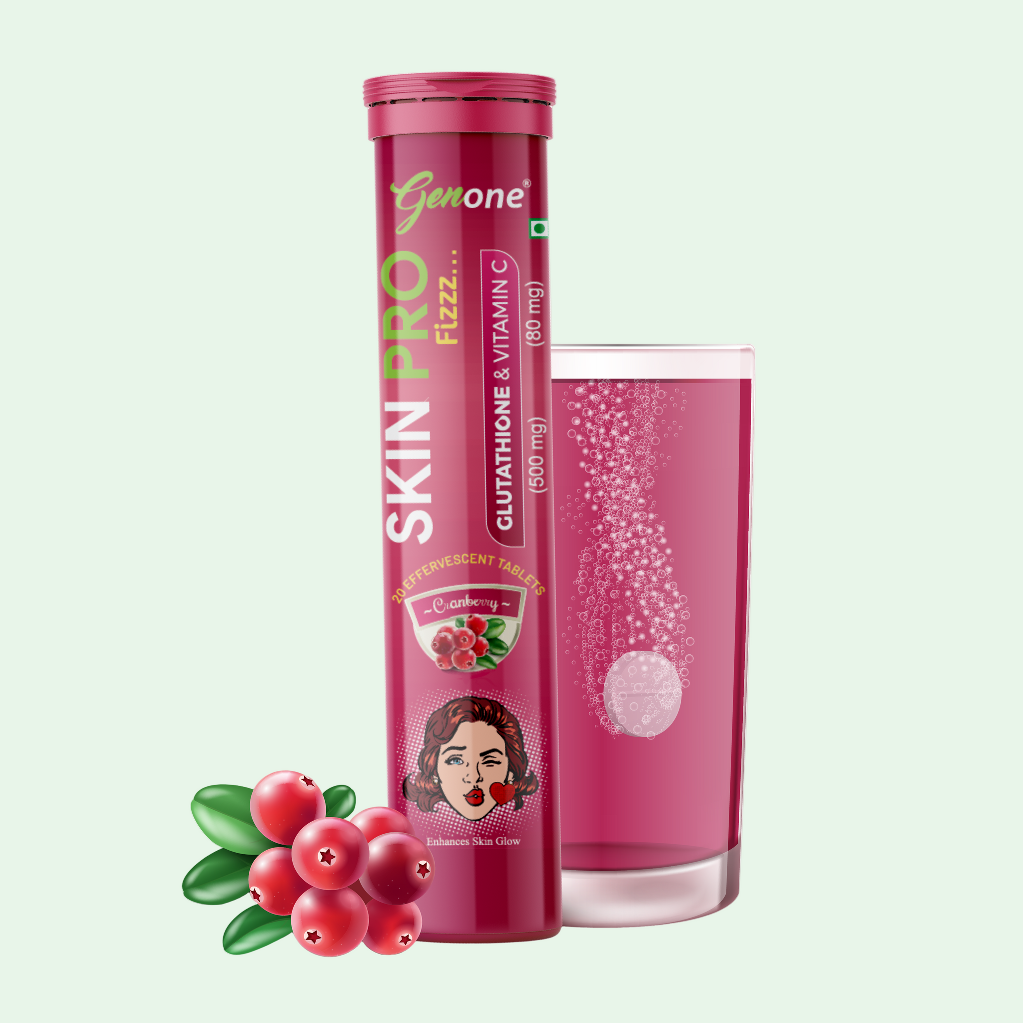 GenOne Skin Pro - Glutathione 500 mg & Vitamin C 80 mg Effervescent Tablets | Cranberry Flavor | Skin Brightening & Antioxidant Support | 20 Tablets