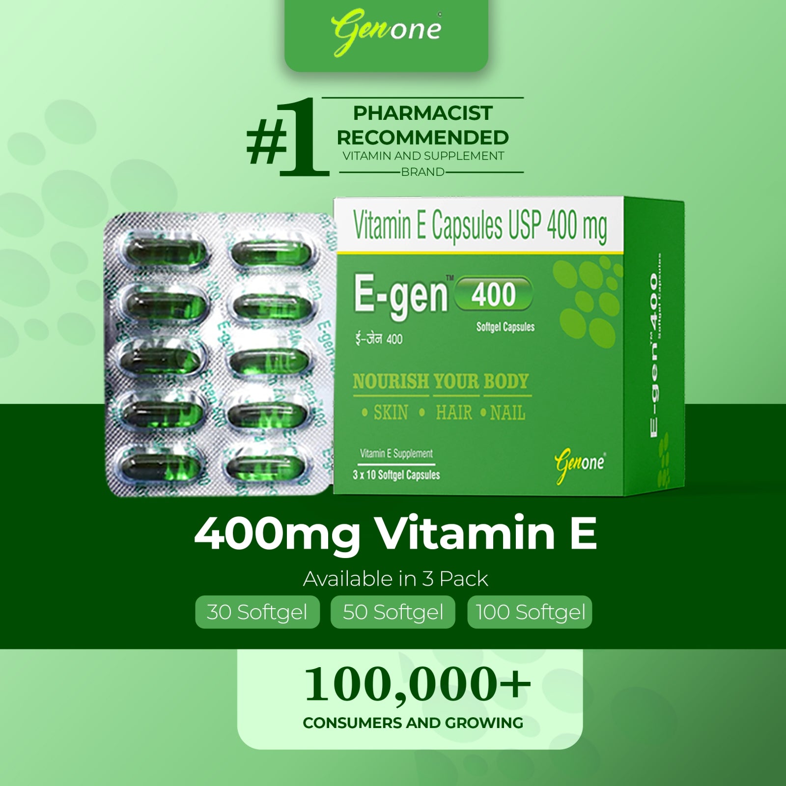 Genone E-Gen 400 Vitamin E Capsule for Glowing Face, Skin and Hair Nut ...