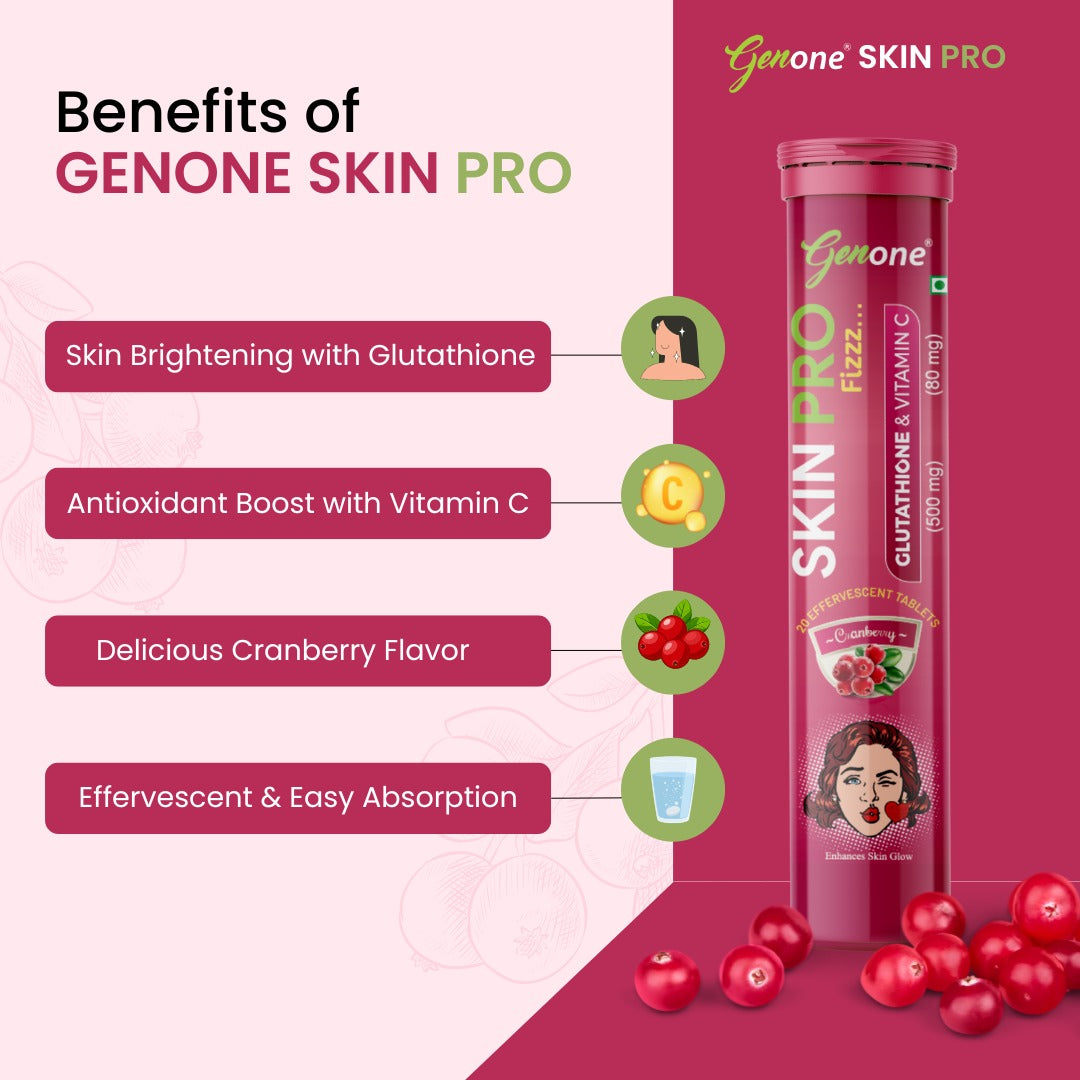 GenOne Skin Pro - Glutathione 500 mg & Vitamin C 80 mg Effervescent Tablets | Cranberry Flavor | Skin Brightening & Antioxidant Support | 20 Tablets