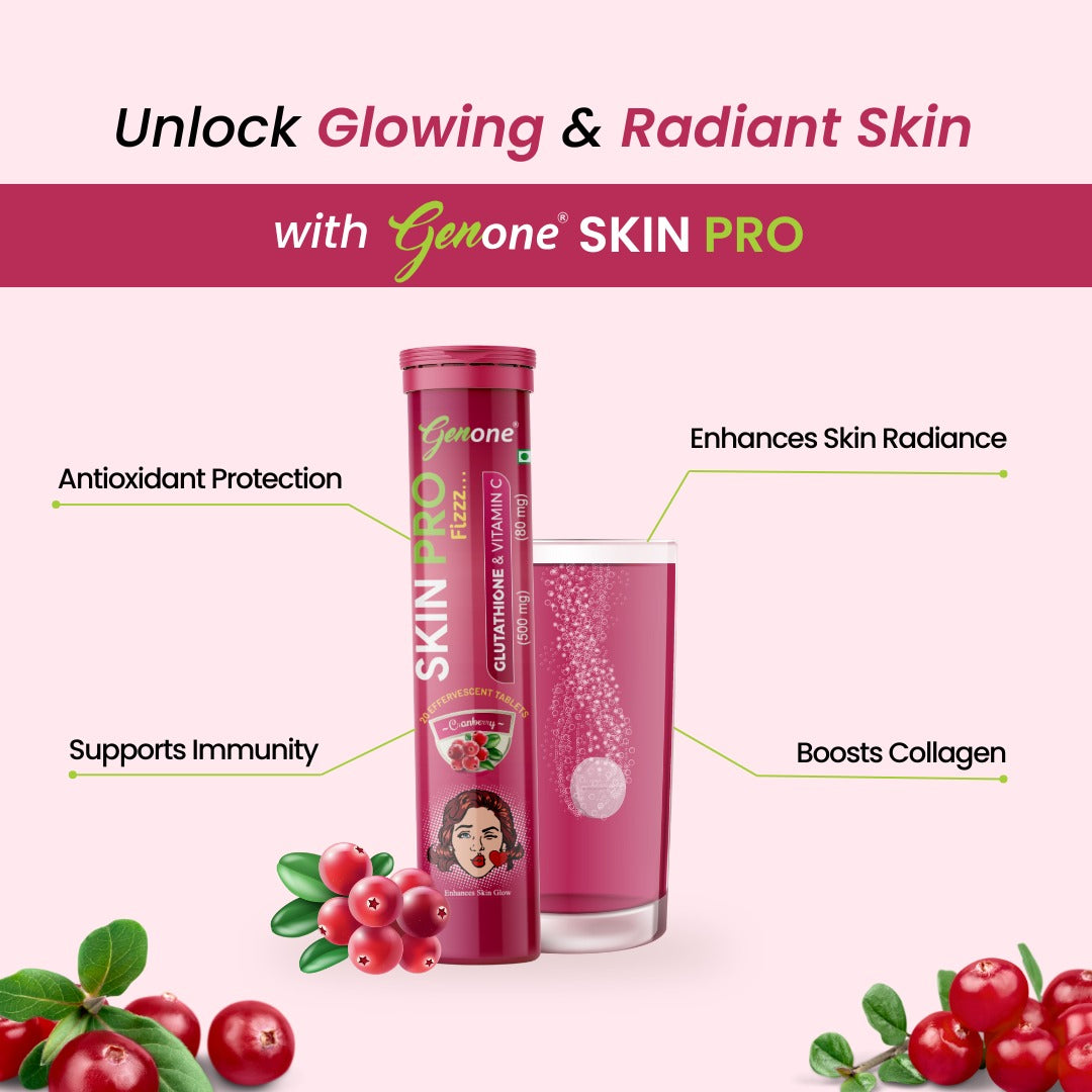 GenOne Skin Pro - Glutathione 500 mg & Vitamin C 80 mg Effervescent Tablets | Cranberry Flavor | Skin Brightening & Antioxidant Support | 20 Tablets