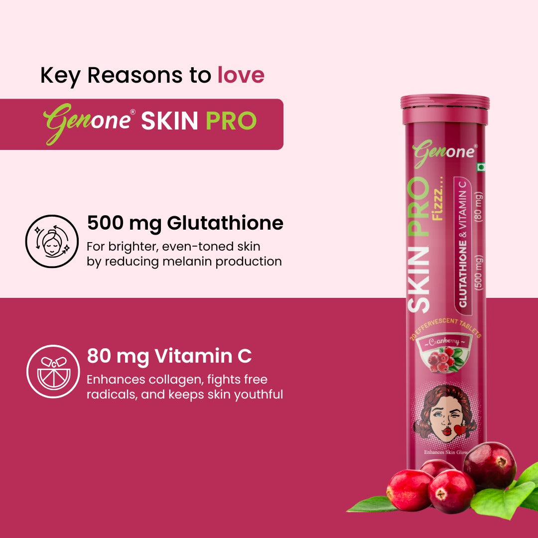 GenOne Skin Pro - Glutathione 500 mg & Vitamin C 80 mg Effervescent Tablets | Cranberry Flavor | Skin Brightening & Antioxidant Support | 20 Tablets