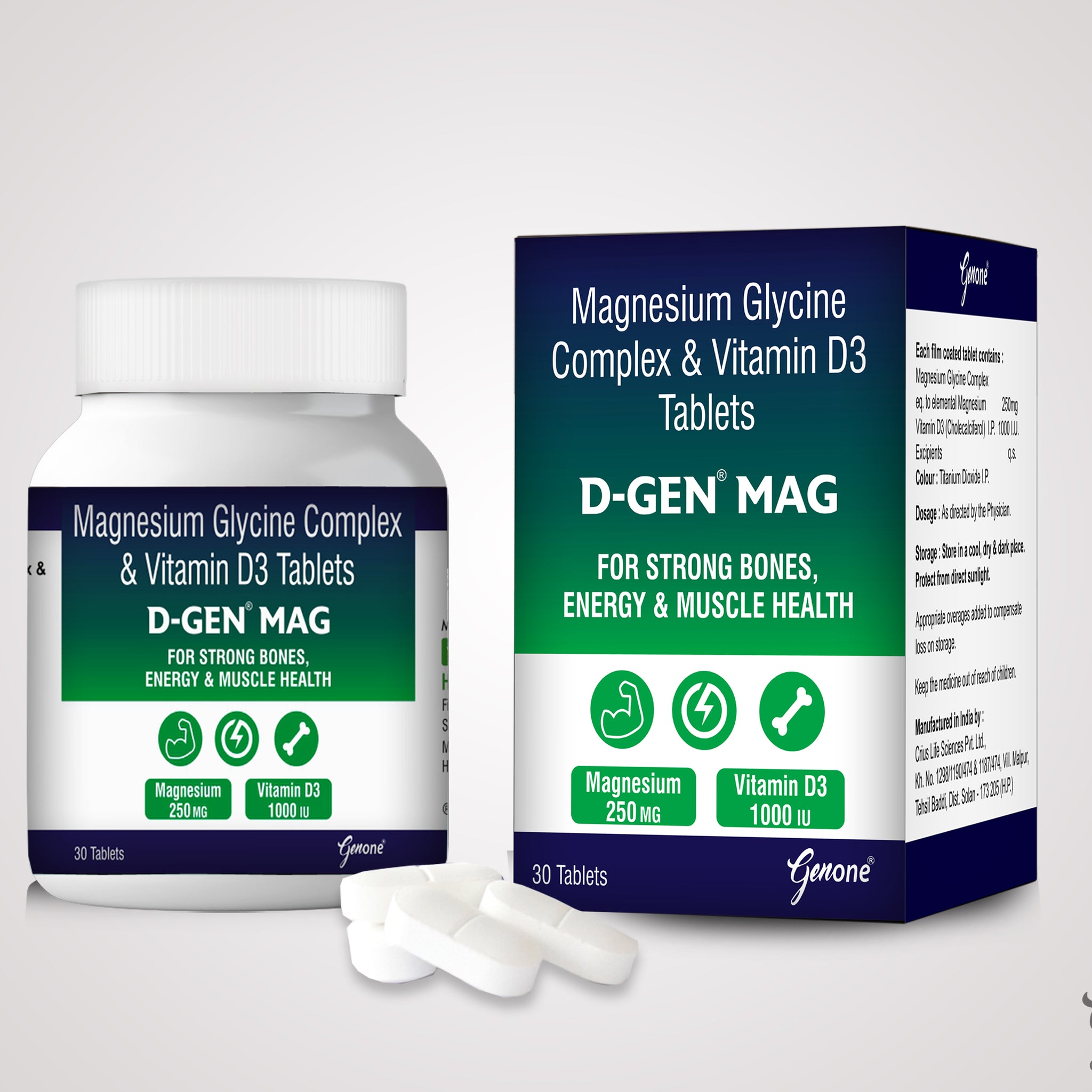 GenOne D-Gen Mag | Magnesium Glycinate Complex (eq to El. Mg. 250 mg) + Vitamin D3 (1000 IU) | 30 Tablets | Supports Muscle, Bone & Nerve Health | High Absorption | Gentle on Stomach