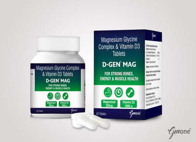 GenOne D-Gen Mag | Magnesium Glycinate Complex (eq to El. Mg. 250 mg) + Vitamin D3 (1000 IU) | 30 Tablets | Supports Muscle, Bone & Nerve Health | High Absorption | Gentle on Stomach