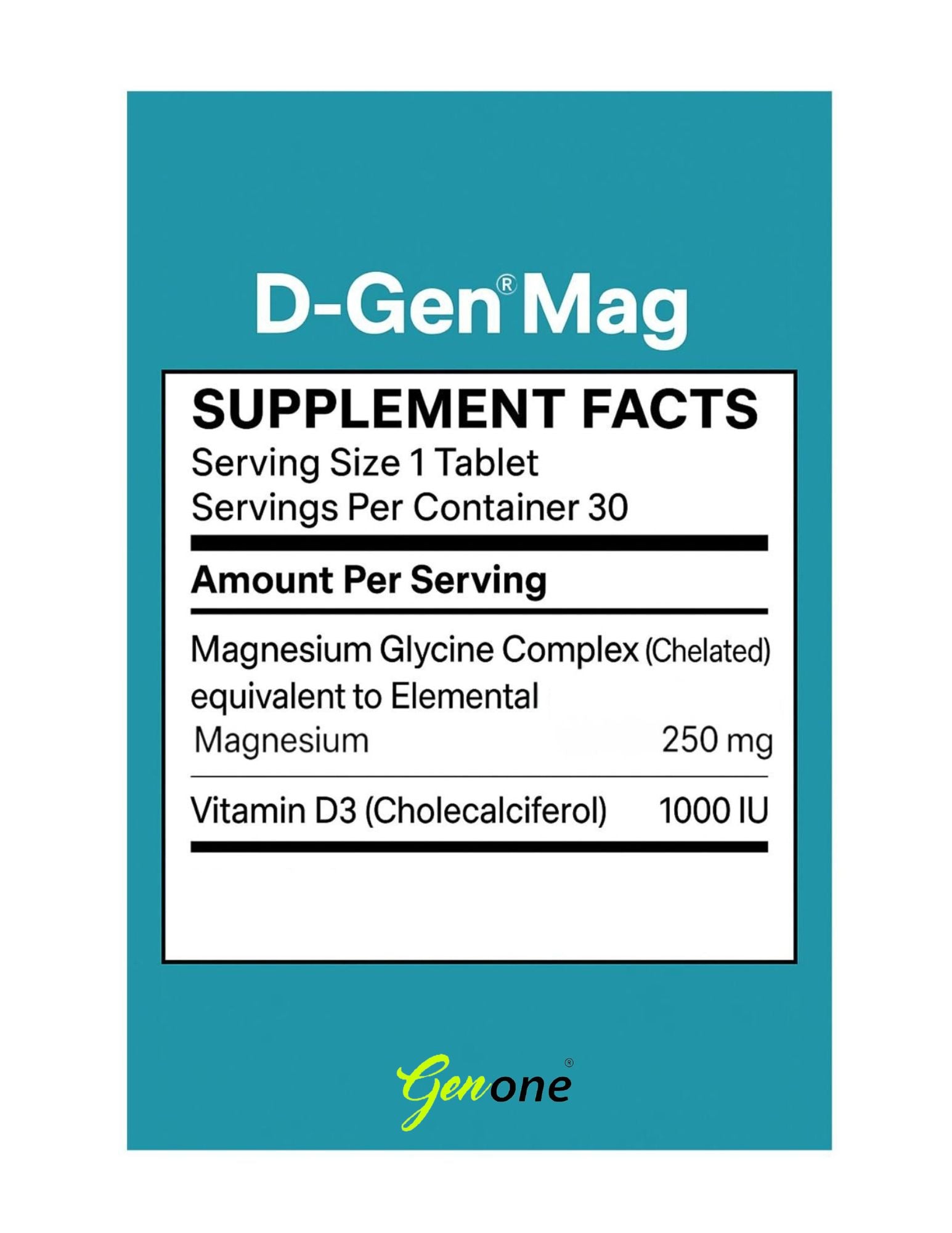 GenOne D-Gen Mag | Magnesium Glycinate Complex (eq to El. Mg. 250 mg) + Vitamin D3 (1000 IU) | 30 Tablets | Supports Muscle, Bone & Nerve Health | High Absorption | Gentle on Stomach
